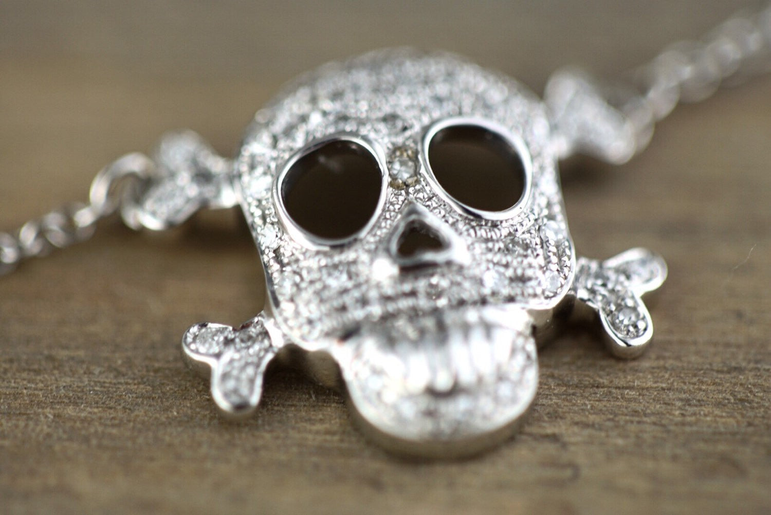 14k White Gold Skull Pave Diamond Dainty Pendant Charm Pirate Dia de los Muertos Day of the Dead