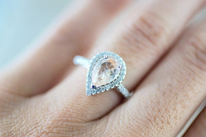 14k White Gold Cushion Cut Morganite Diamond Halo Engagement Ring Checkerboard - Brilliant Facets
