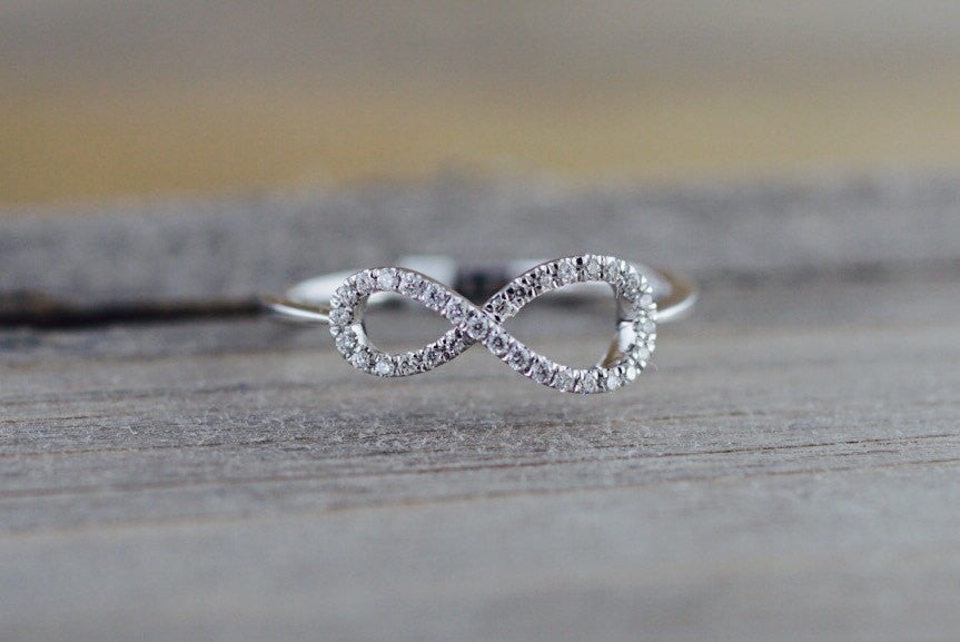 14k White Gold Diamond Pave Polished Infinity Love Symbol Ring Band Promise Anniversary Fashion Rope - Brilliant Facets