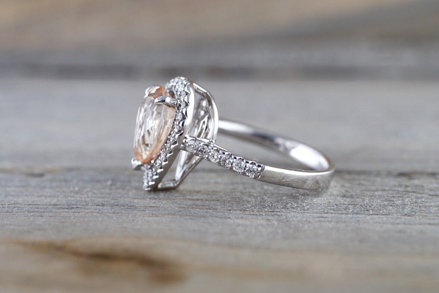 14k White Gold Cushion Cut Morganite Diamond Halo Engagement Ring Checkerboard - Brilliant Facets