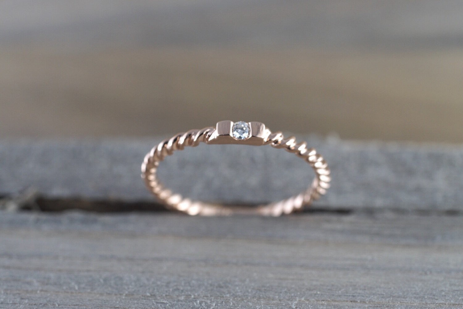 14k Solid Rose Gold Diamond Hammered Textured Rope Twist Band Ring Dainty - Brilliant Facets