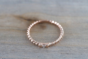 14k Solid Rose Gold Diamond Hammered Textured Rope Twist Band Ring Dainty - Brilliant Facets