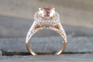 18k Rose Gold Pave Halo Cushion Morganite Peach Beige Diamond Halo Engagement Ring Vintage