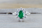 18k White Gold Classic Natual Colombian Emerald Oval Diamond Halo Band Engagement Wedding Ring