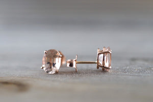 14k Solid Rose Gold Oval Cut Pink Peach Morganite Earring Studs Square Earrings - Brilliant Facets