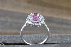1.12 ct Pink Sapphire 18k White Gold Diamond Double Halo Split Shank Engagement Wedding Promise Ring - Brilliant Facets