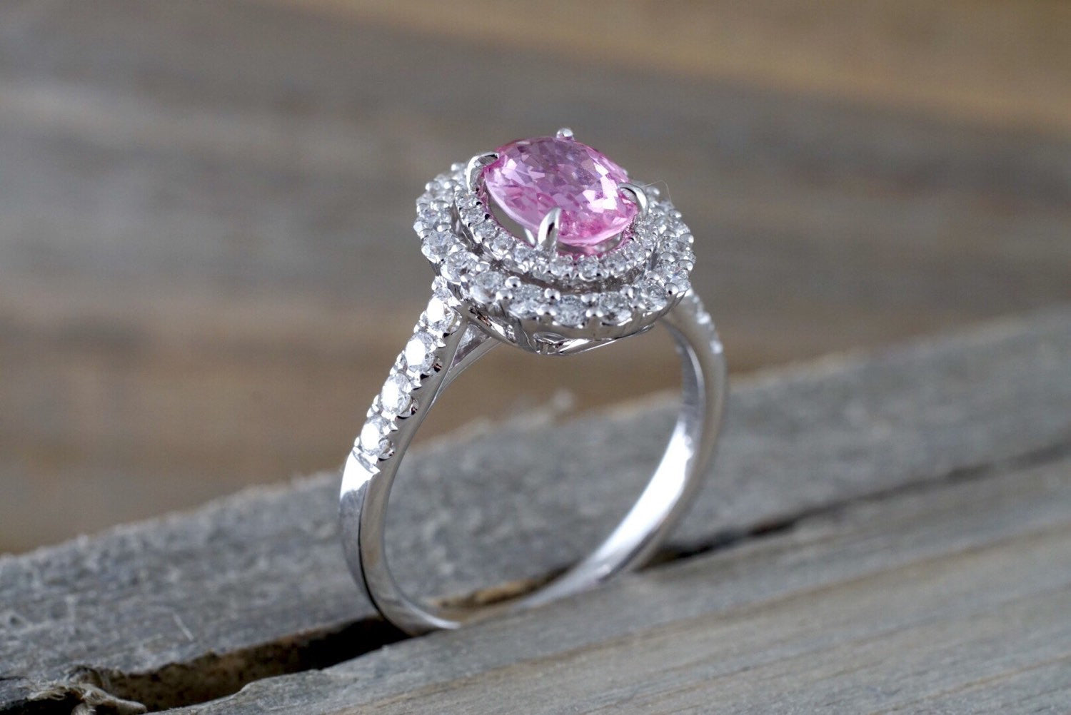 Pink Sapphire 18k White Gold Diamond Double Halo Ring ER010013