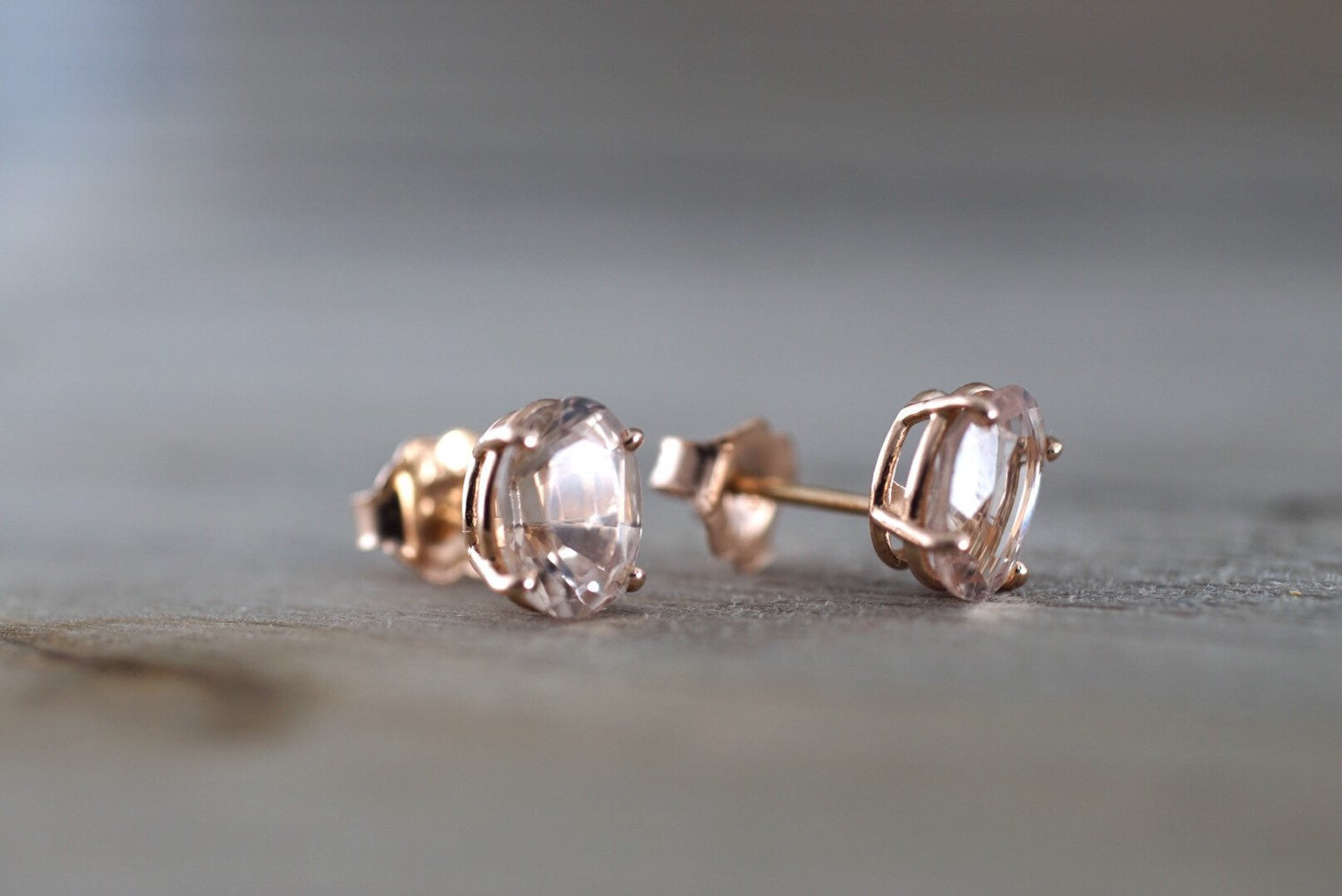 14k Solid Rose Gold Oval Cut Pink Peach Morganite Earring Studs Square Earrings - Brilliant Facets