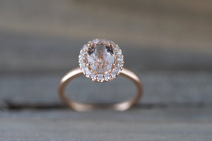 14k Rose Gold Oval Morganite Diamond Halo Engagement Ring - Brilliant Facets