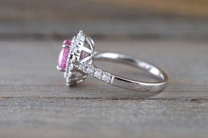 1.12 ct Pink Sapphire 18k White Gold Diamond Double Halo Split Shank Engagement Wedding Promise Ring - Brilliant Facets