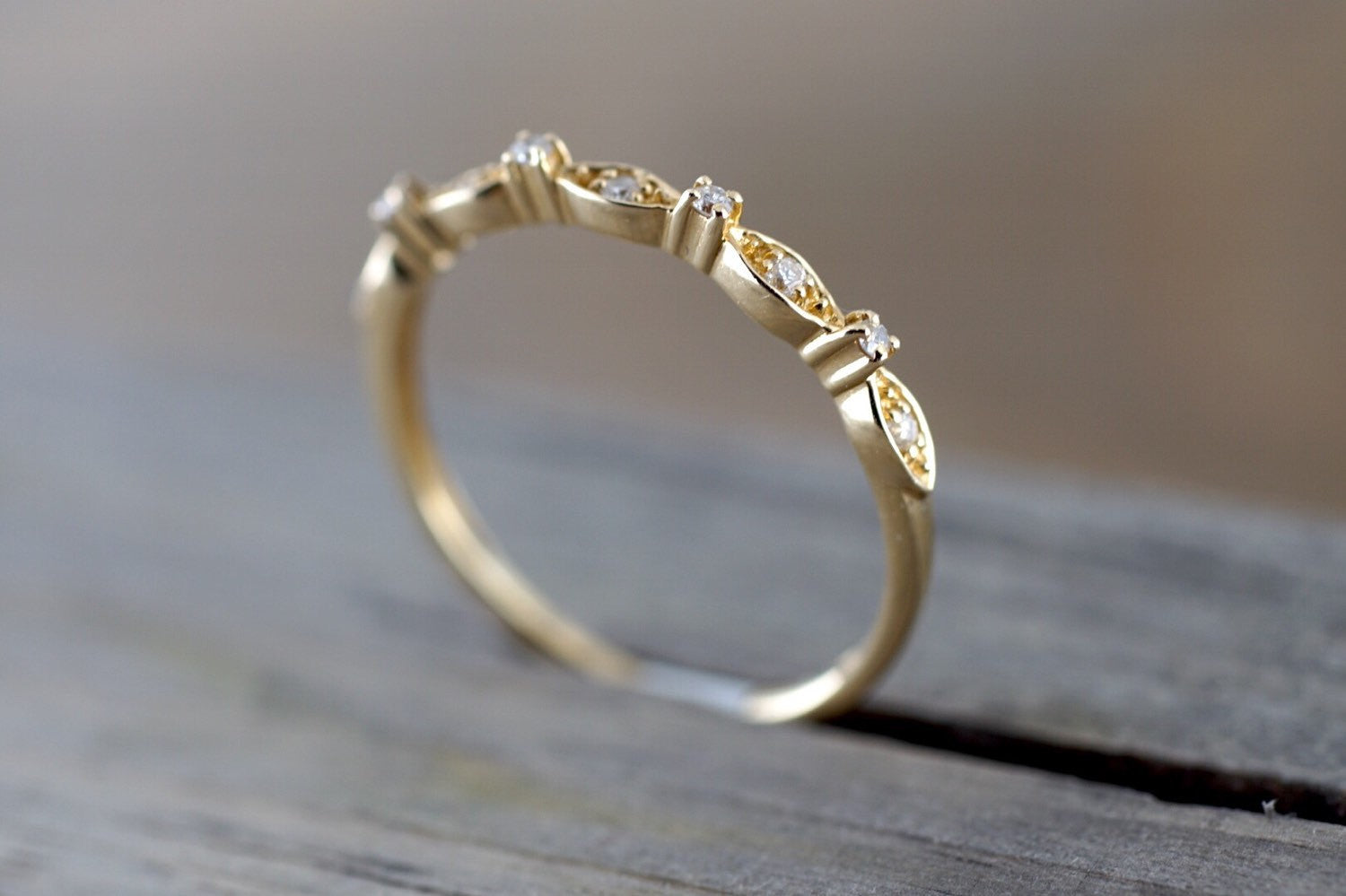 14K Yellow Gold Dainty Thin Stackable Diamond Vintage Classic Arch Shaped