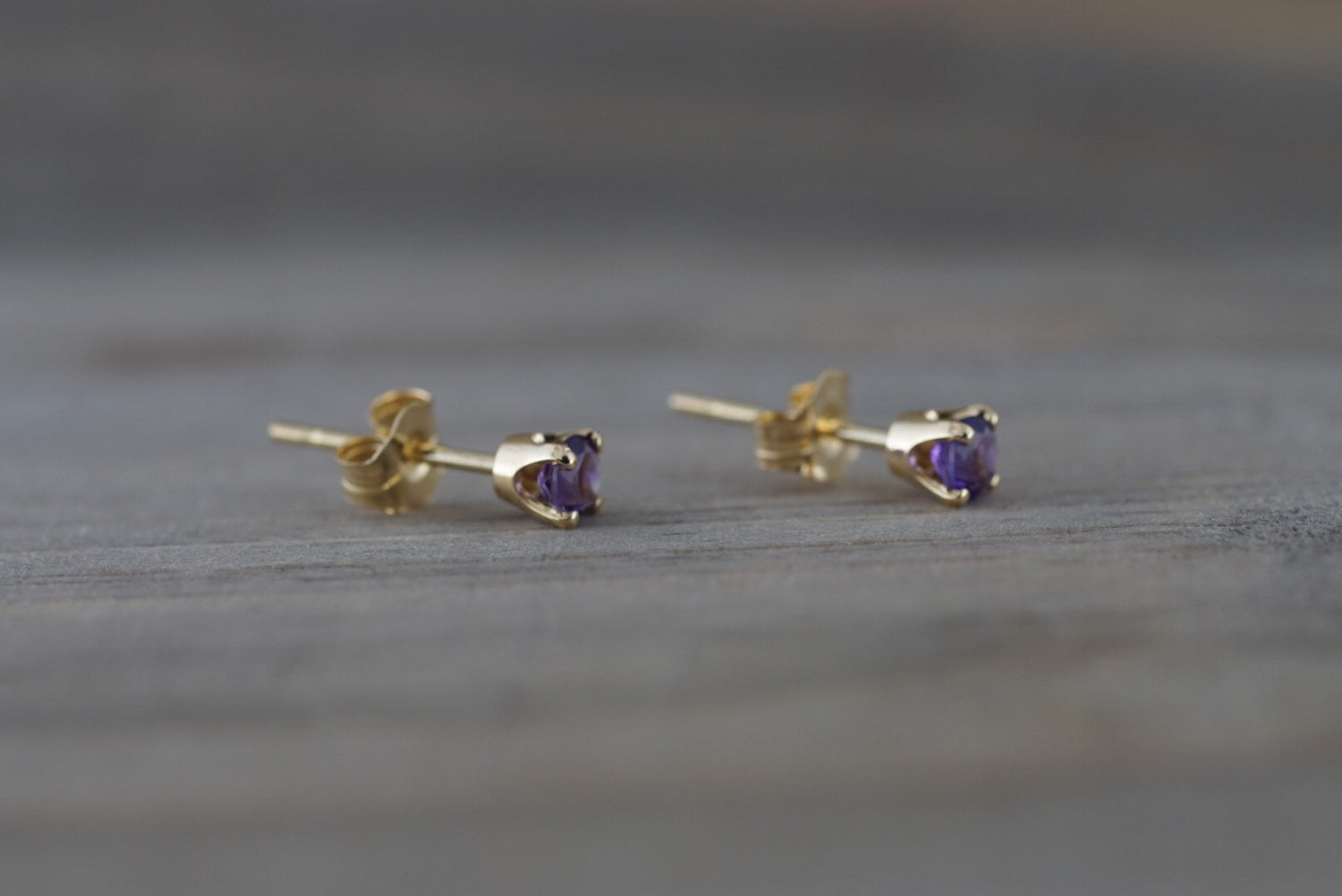 14k Solid Yellow Gold with Purple Amethyst Gemstone Earrings Studs February Birthstone - Brilliant Facets