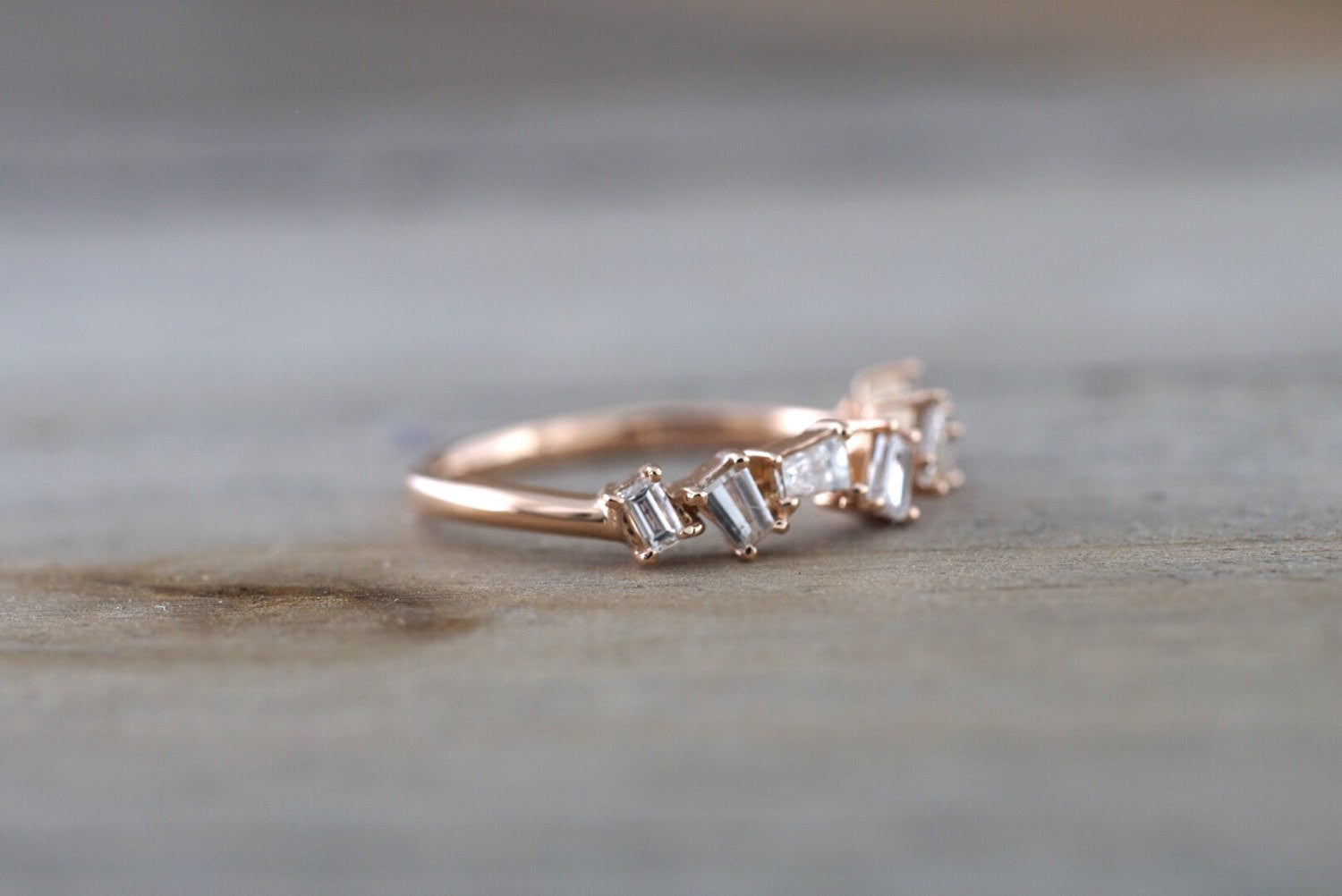 14k Rose Gold Dainty Baguette Cut Rectangle Diamond Band Stackable Design Ring Wedding Twist - Brilliant Facets