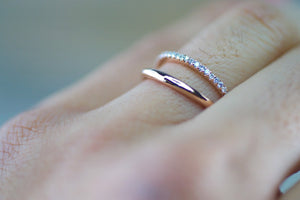 14k Rose Gold Band and Diamond Ring Wedding Band Double Row Curve Open Ring - Brilliant Facets