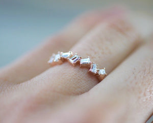 14k Rose Gold Dainty Baguette Cut Rectangle Diamond Band Stackable Design Ring Wedding Twist - Brilliant Facets