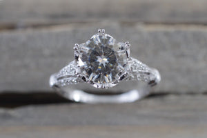 18k White Gold Crown Vintage Diamond Ring With Moissanite Diamond Halo Milgrain Engagement Ring