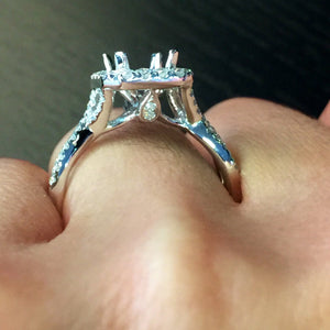14k White Gold Diamond Emerald Cut Aquamarine Twist Infinity Love Halo Engagement Ring - Brilliant Facets