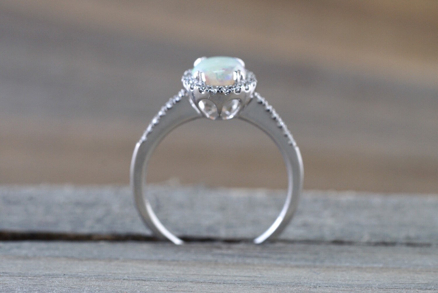 14k White Gold Round Fire Opal Diamond Halo Ring