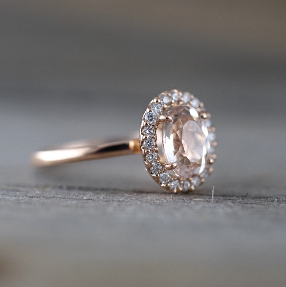 14k Rose Gold Oval Morganite Diamond Halo Engagement Ring - Brilliant Facets