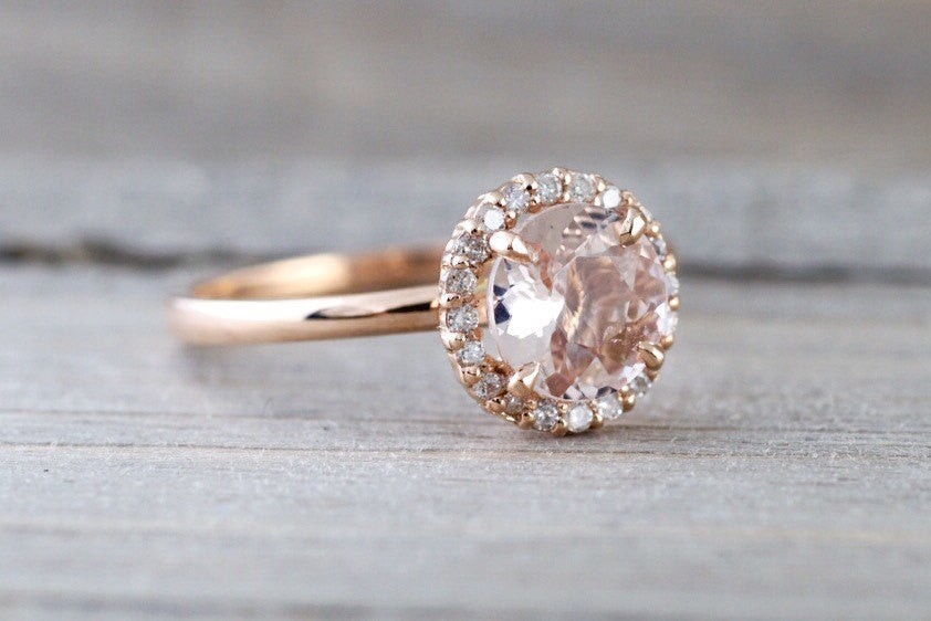Oval Pink Morganite Engagement Ring Pave Diamond Wedding 14K Rose Gold