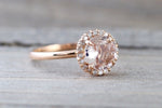 14k Rose Gold Round 6mm Morganite Pink Peach Diamond Halo Engagement Ring Crown Vintage - Brilliant Facets