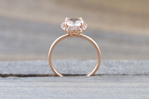 14k Rose Gold Round 6mm Morganite Pink Peach Diamond Halo Engagement Ring Crown Vintage - Brilliant Facets
