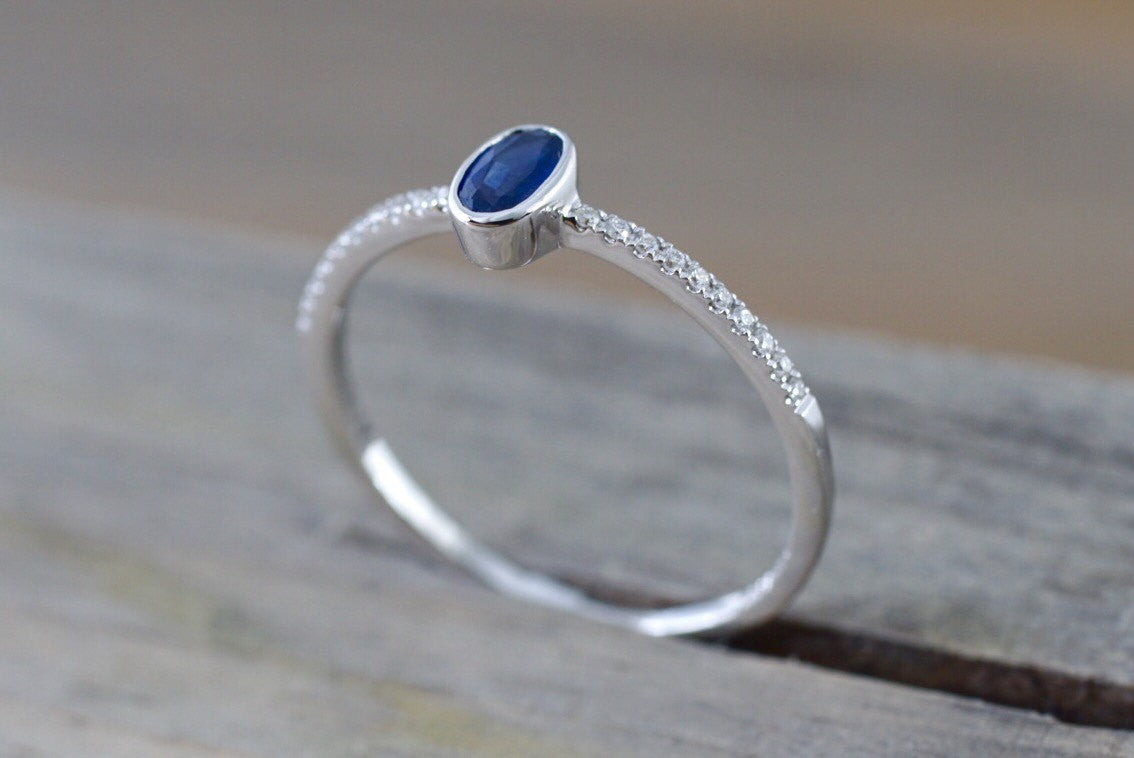 14k White Gold Oval Cut Blue Sapphire Bezel Diamond Engagement Promise Ring Anniversary