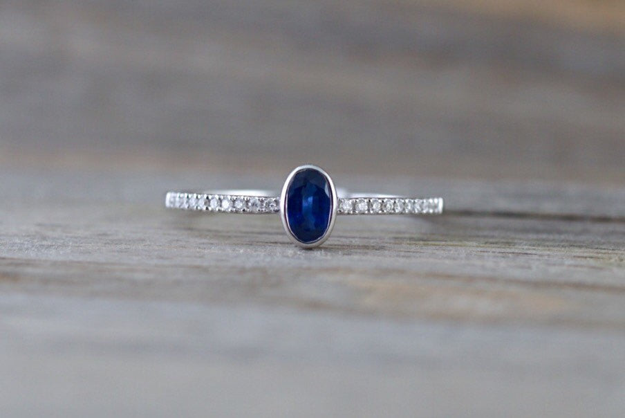 14k White Gold Oval Cut Blue Sapphire Bezel Diamond Engagement Promise Ring Anniversary