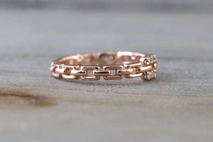 14k Solid Rose Gold Diamond Belt Chain Midi Pinky Ring Square Fashion Band - Brilliant Facets