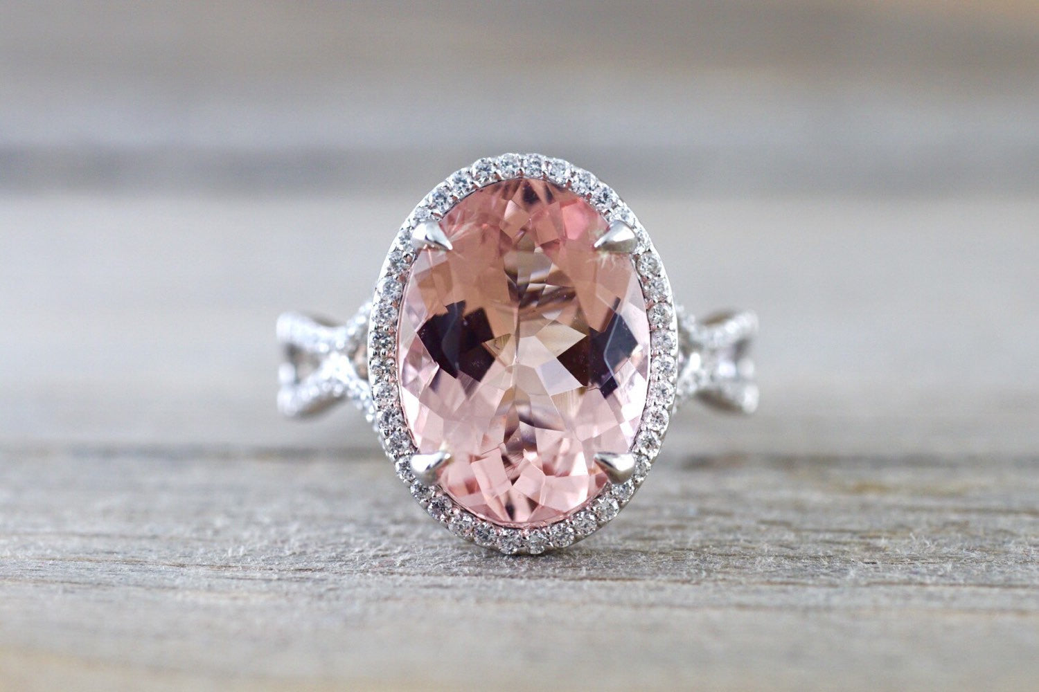 18k White Gold Oval Cut Morganite Peach Diamond Halo Engagement Ring Vintage
