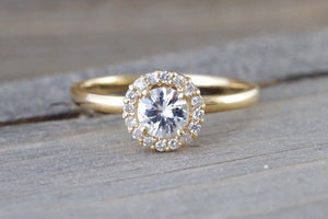 14k Yellow Gold Round White Sapphire Diamond Halo Engagement Wedding Love Promise Ring Band