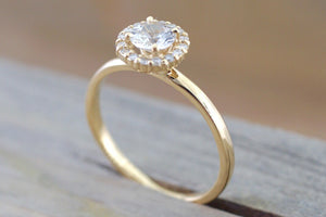 14k Yellow Gold Round White Sapphire Diamond Halo Engagement Wedding Love Promise Ring Band