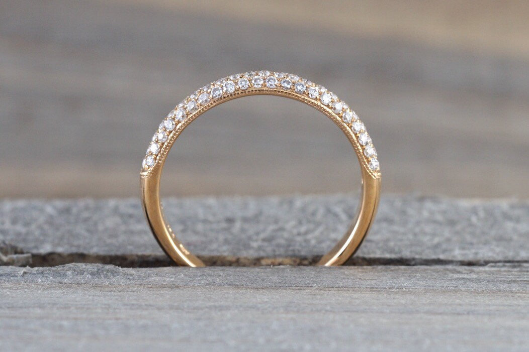 18k Rose Gold Diamond Micro Pave Dome Wedding Engagement Promise Love Anniversary Band Ring