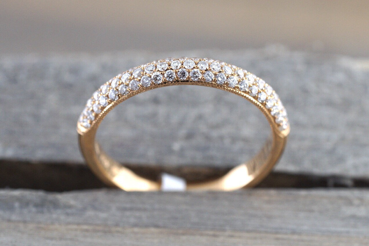 18k Rose Gold Diamond Micro Pave Dome Wedding Engagement Promise Love Anniversary Band Ring