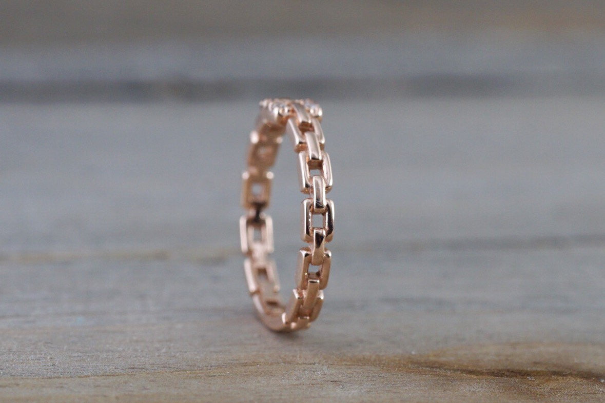 14k Solid Rose Gold Diamond Belt Chain Midi Pinky Ring Square Fashion Band - Brilliant Facets
