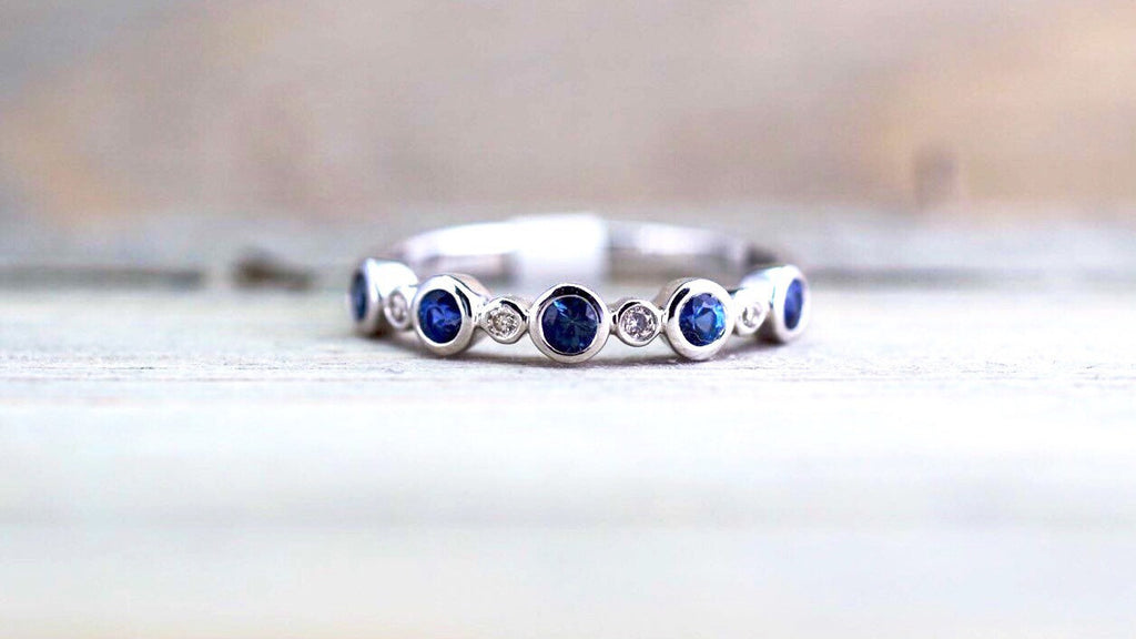 14K White Gold Vintage Multi Side Face Diamond Sapphire Ring