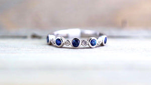 14K White Gold Vintage Multi Side Face Diamond Sapphire Ring