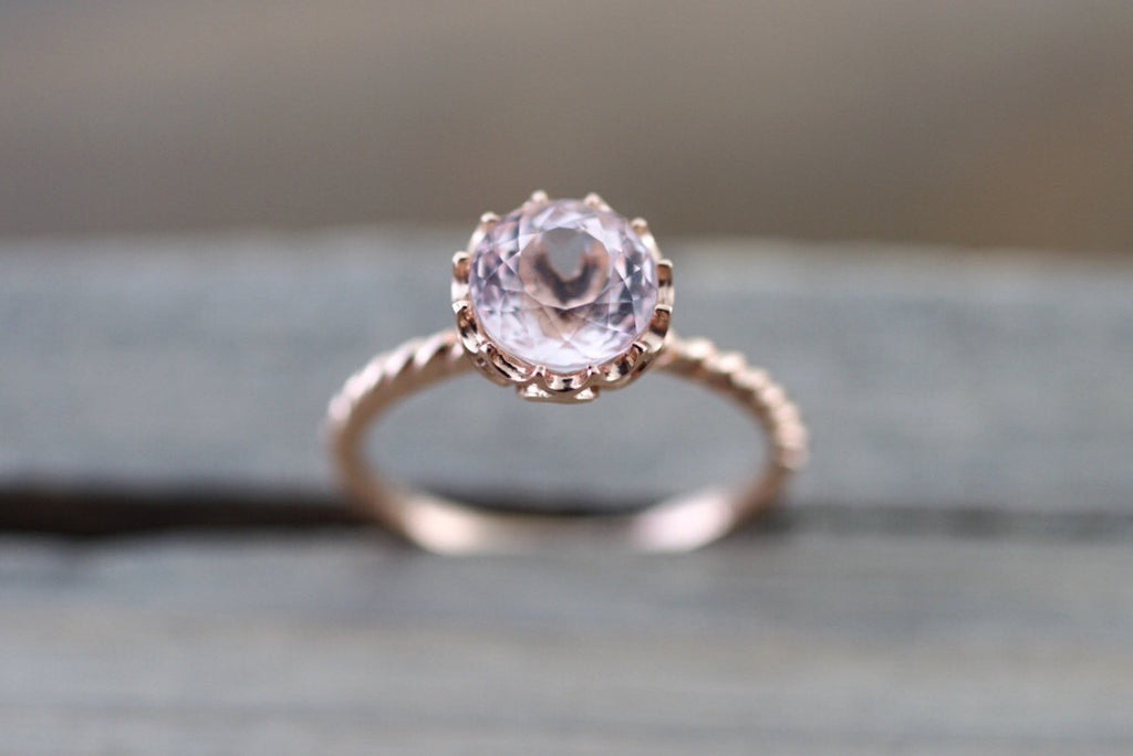 8mm Mandi 14k Rose Gold Round Morganite Engagement Ring Crown Vintage