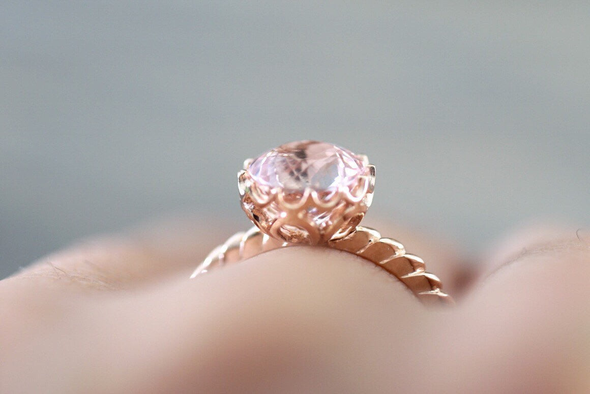 Mandi 14k Rose Gold Round 8mm Morganite Engagement Ring Crown Vintage Design
