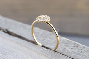 14k Solid Yellow Gold Disk Diamond Pave Circle Round Diamond Ring Engagement Wedding - Brilliant Facets