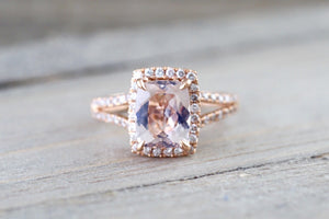 14k Rose Gold 9x7mm Cushion Morganite Diamond Halo Engagement Ring Split Shank - Brilliant Facets