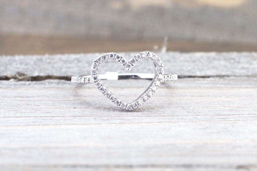 14k White Gold Diamond Open Heart Anniversary Promise Love Ring Band Fashion - Brilliant Facets