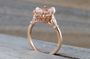 14k Rose Gold 10x8mm Oval Morganite Round Cut Diamonds Art Deco Vintage Design Ring - Brilliant Facets