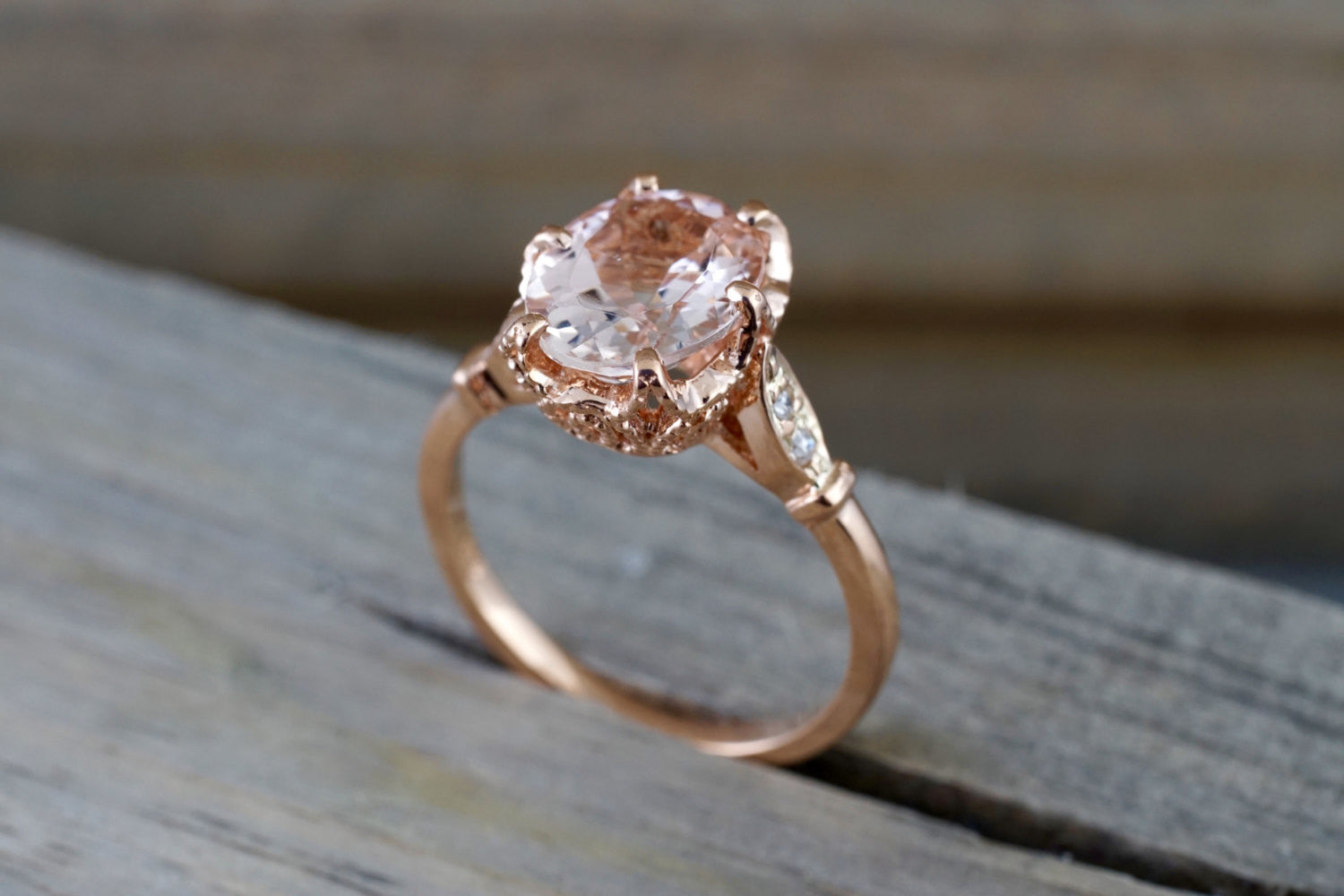 14k Rose Gold 10x8mm Oval Morganite Round Cut Diamonds Art Deco Vintage Design Ring - Brilliant Facets