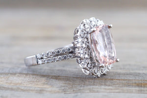 18k Gold Elongated Cushion Cut Morganite Diamond Halo Engagement Ring