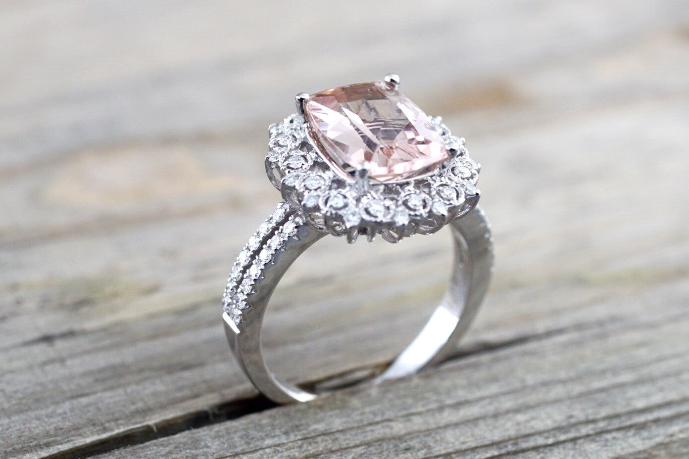 18k Gold Elongated Cushion Cut Morganite Diamond Halo Engagement Ring