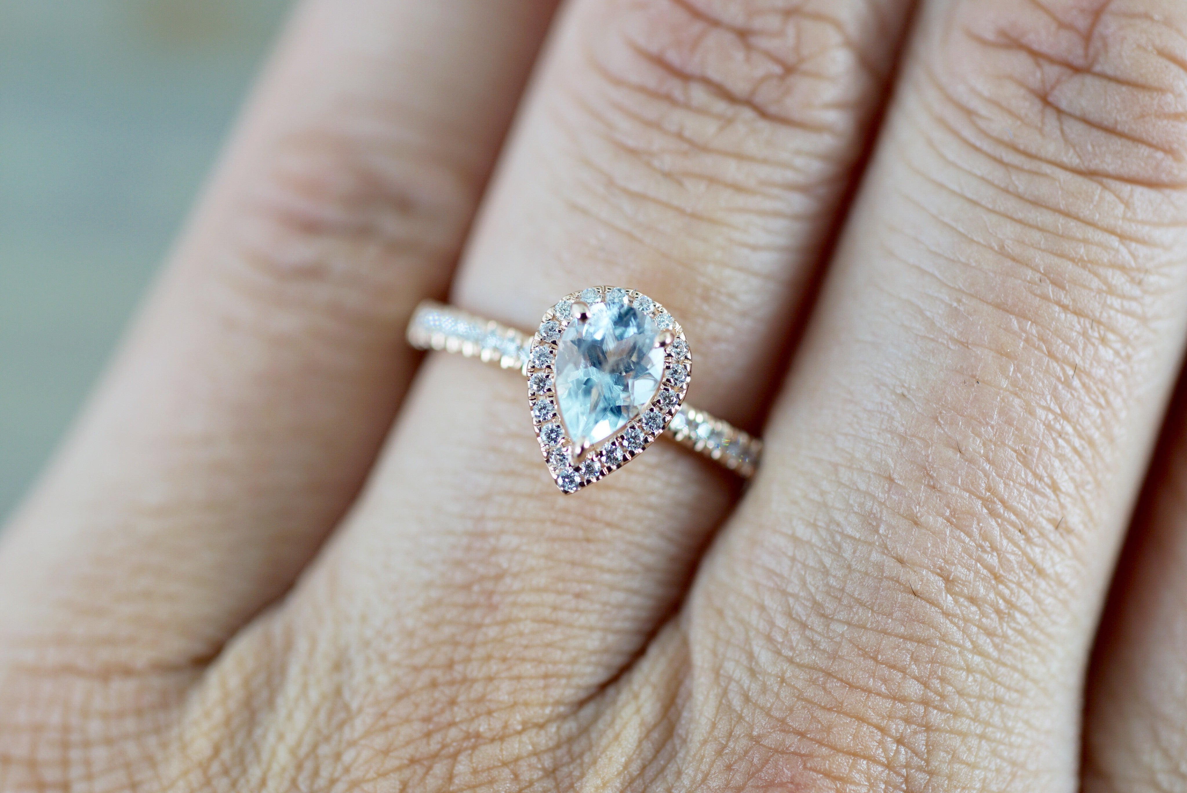 18k Rose Gold Dainty Pear Aquamarine with Diamond Halo Engagement Wedding Ring Band Promise