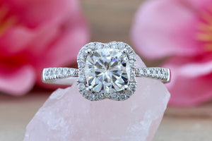 14k White Gold Cushion Moissanite Diamond Halo Engagement Promise Ring 6.5mm