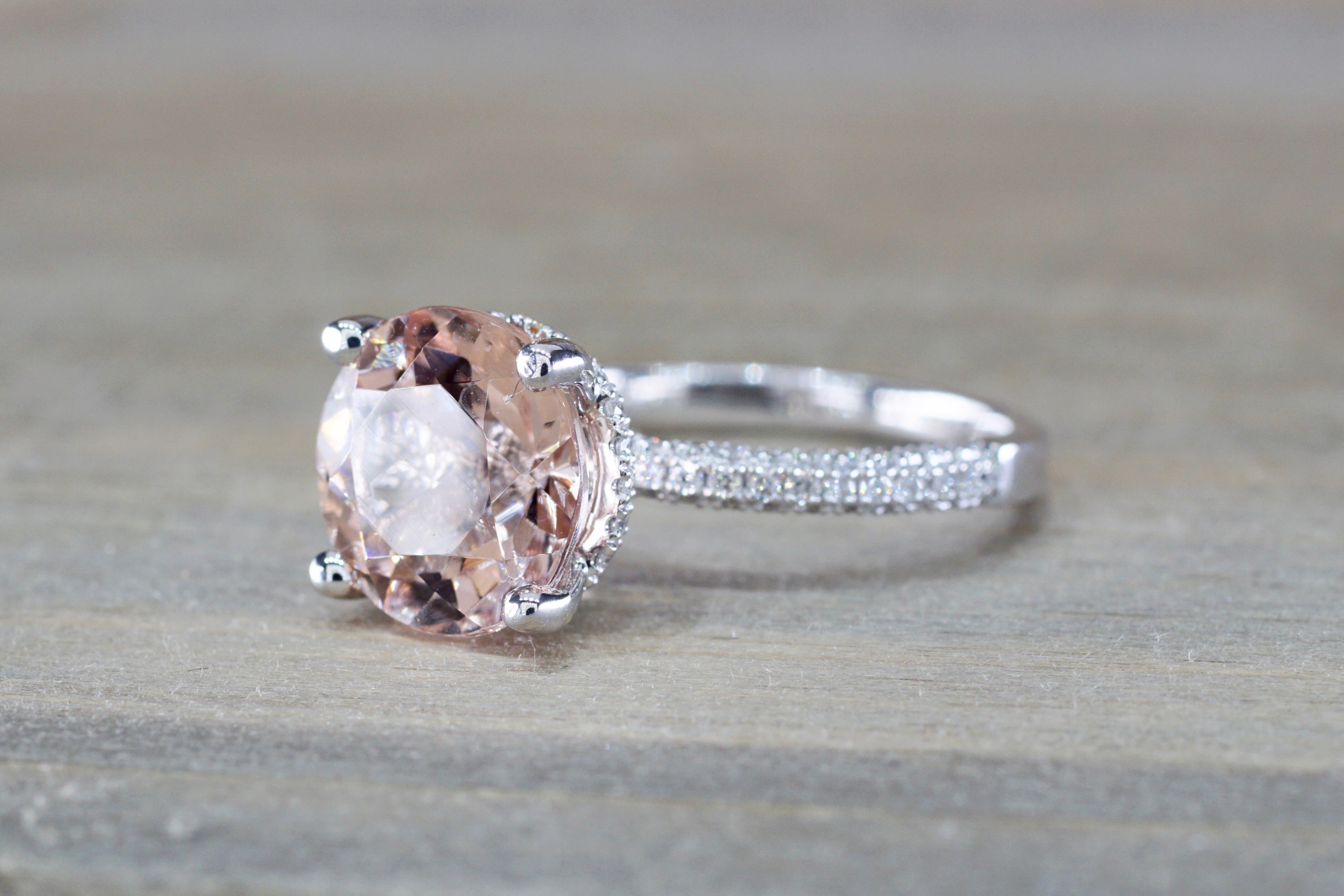 3D Round Morganite 14kt Gold Diamond Encrusted Under Halo Ring